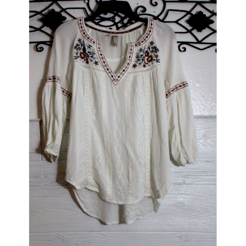 Knox Rose Women's Top Size XS Long Sleeve Ivory Floral Round Neck